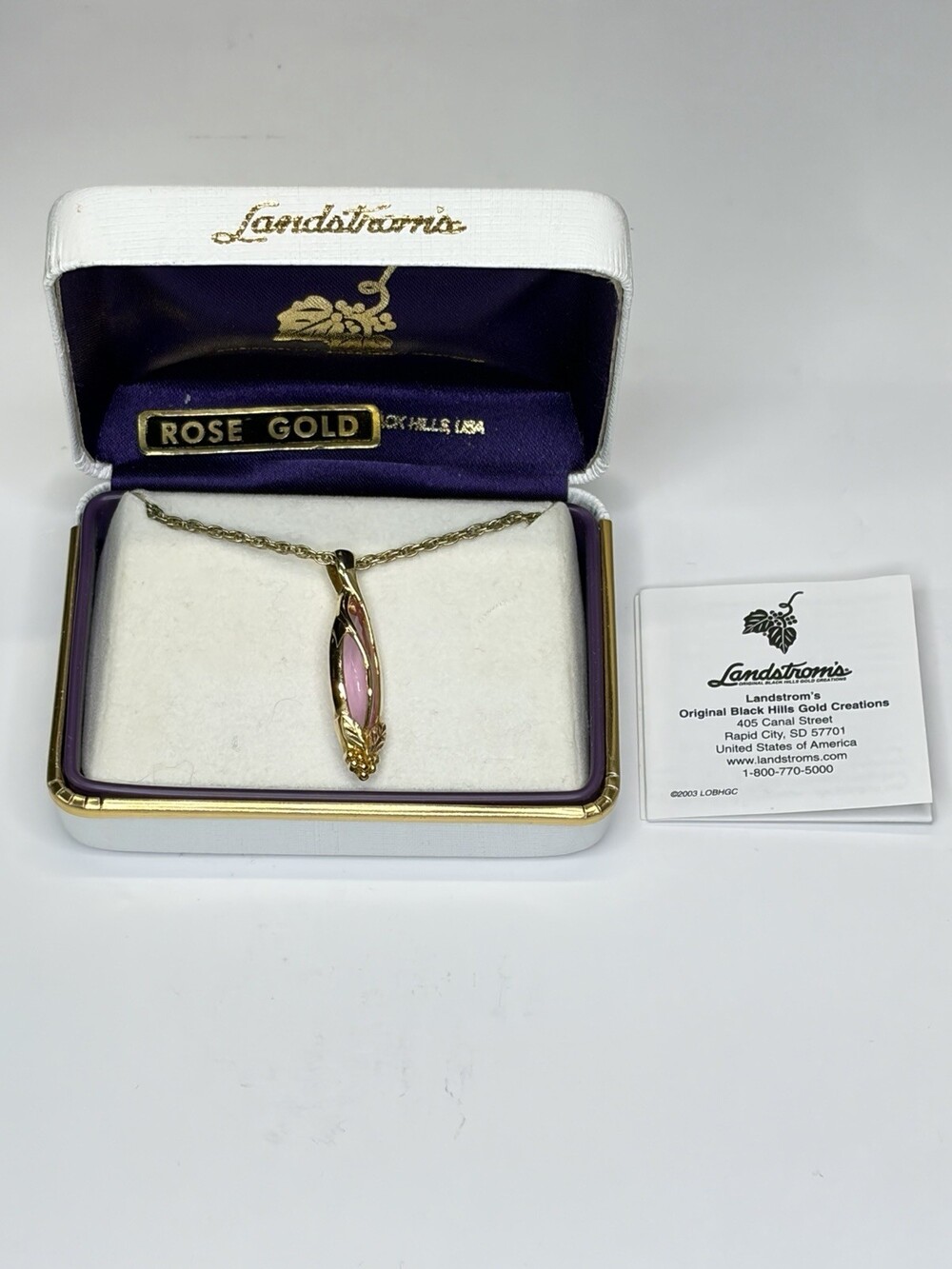 Landstroms 10K Gold Black Hills Pink Marquise Stone Pendant Necklace 12K GF Box